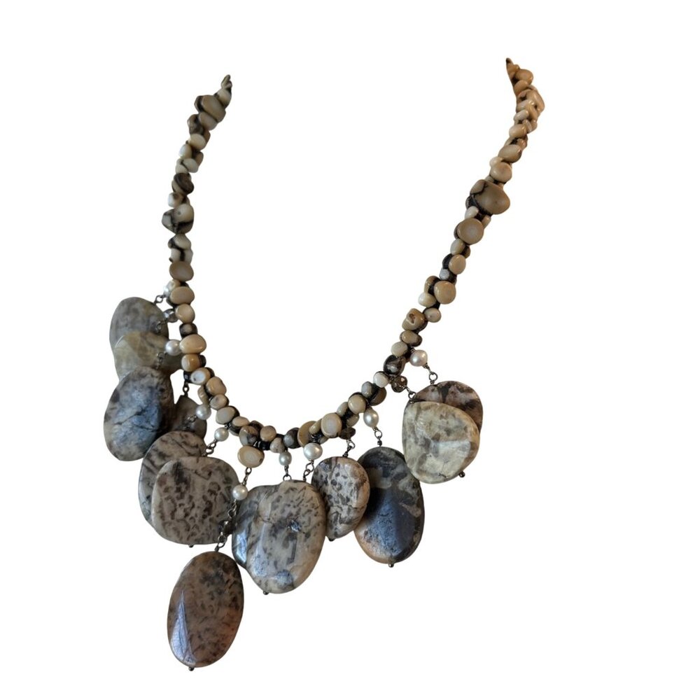 Jay King DTR Zebra Feldspar Jasper Beads Coral Pearl Chunky Statement Necklace